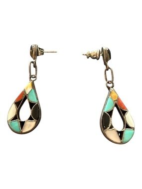Vintage Zuni Sterling Silver Multi-Stone Inlay Dangle Earrings Signed
